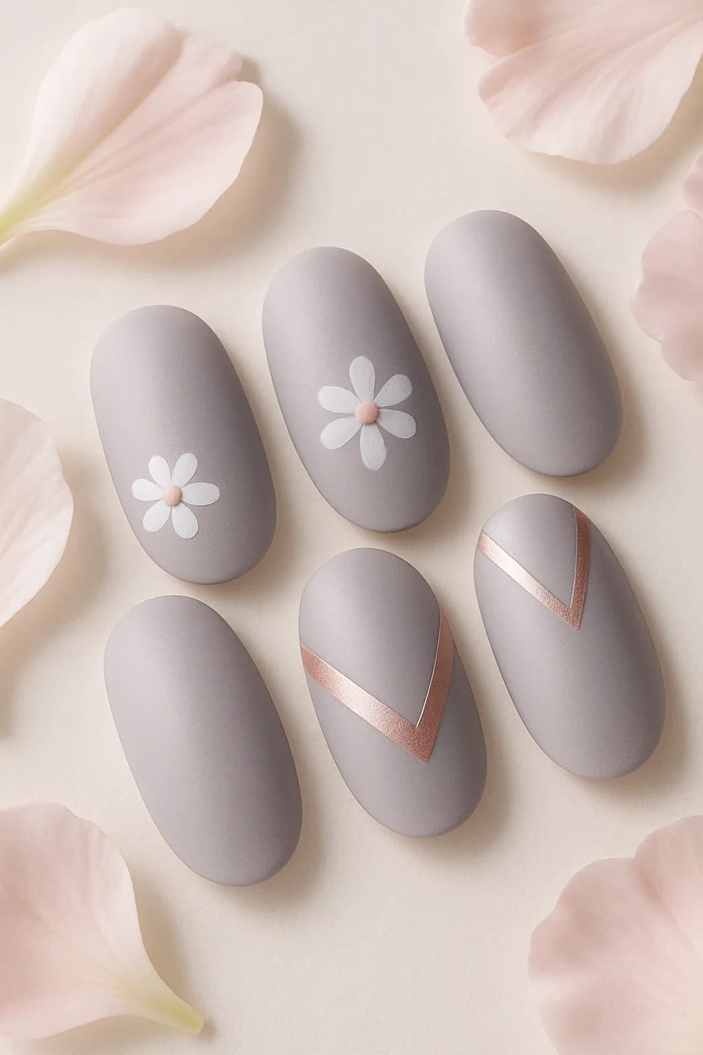 Almond-shaped nails featuring a metallic floral design with geometric patterns, highlighted by a glossy finish and soft lighting.
