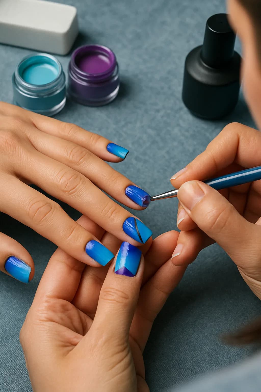 Square-shaped nails featuring a teal to sky blue ombre effect with white geometric patterns.