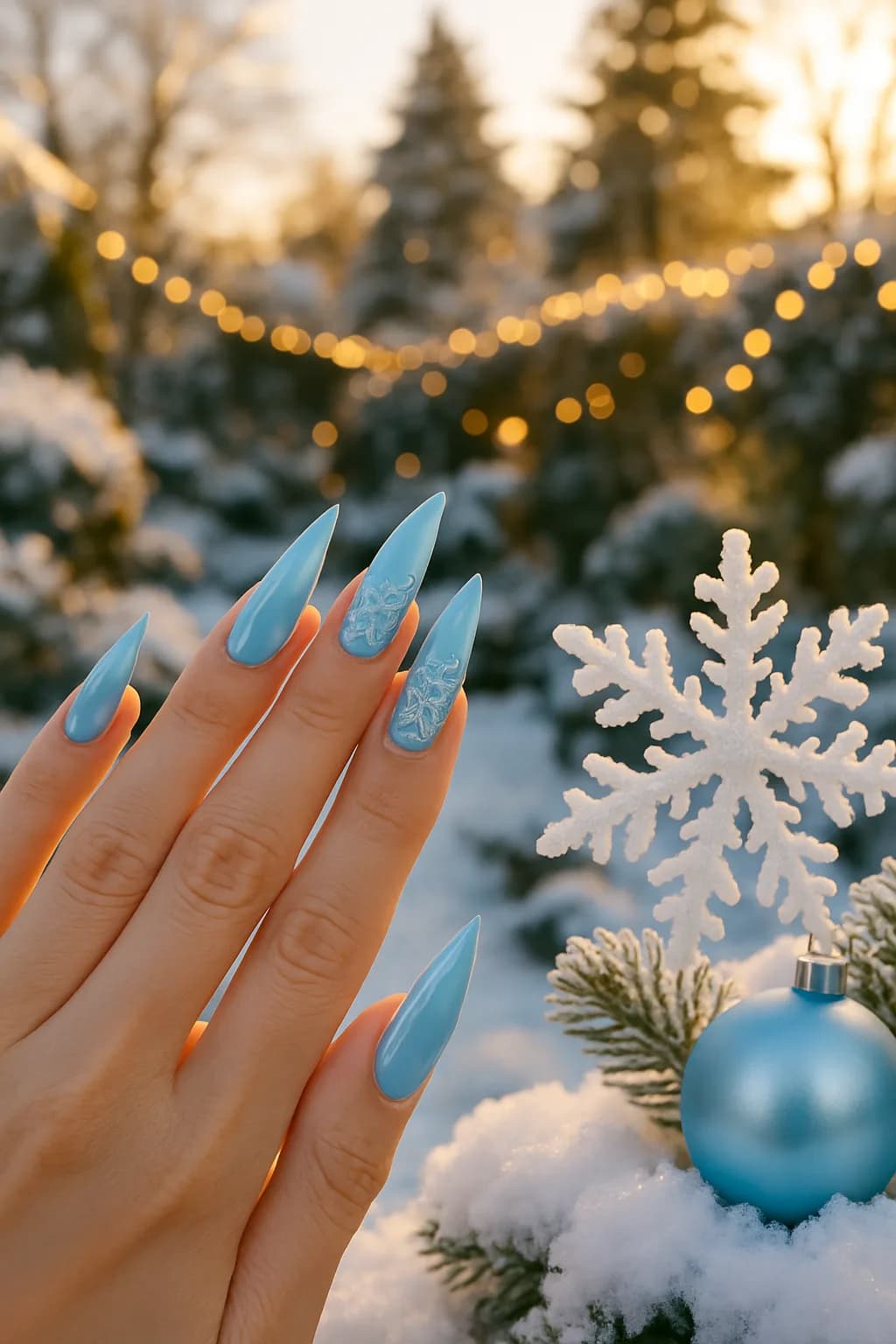 A close-up view of stiletto nails with a glossy finish, featuring intricate floral patterns in pink and green hues, reflecting light beautifully.