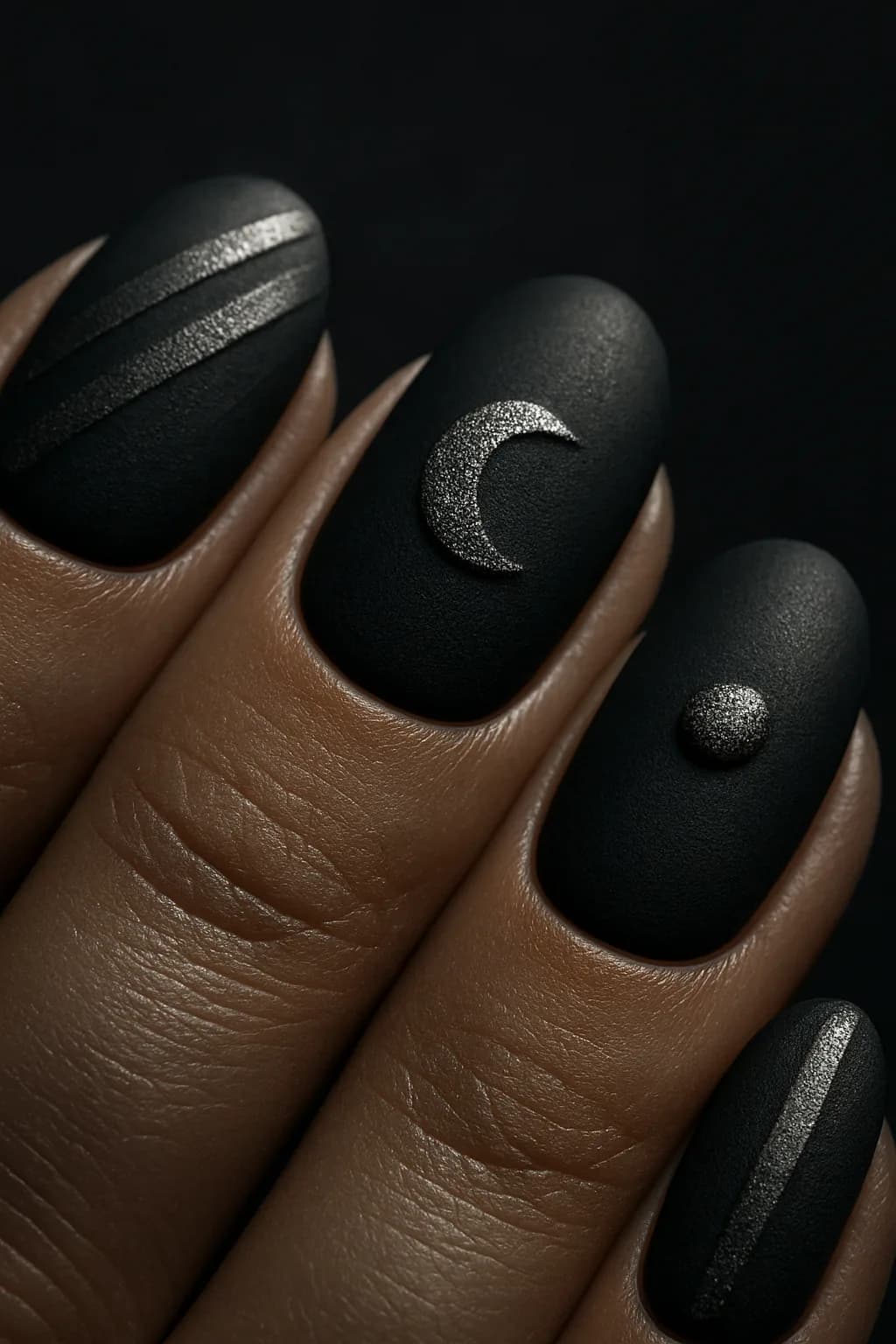 A close-up view of metallic oval nails with a reflective surface, showcasing a minimalist design.