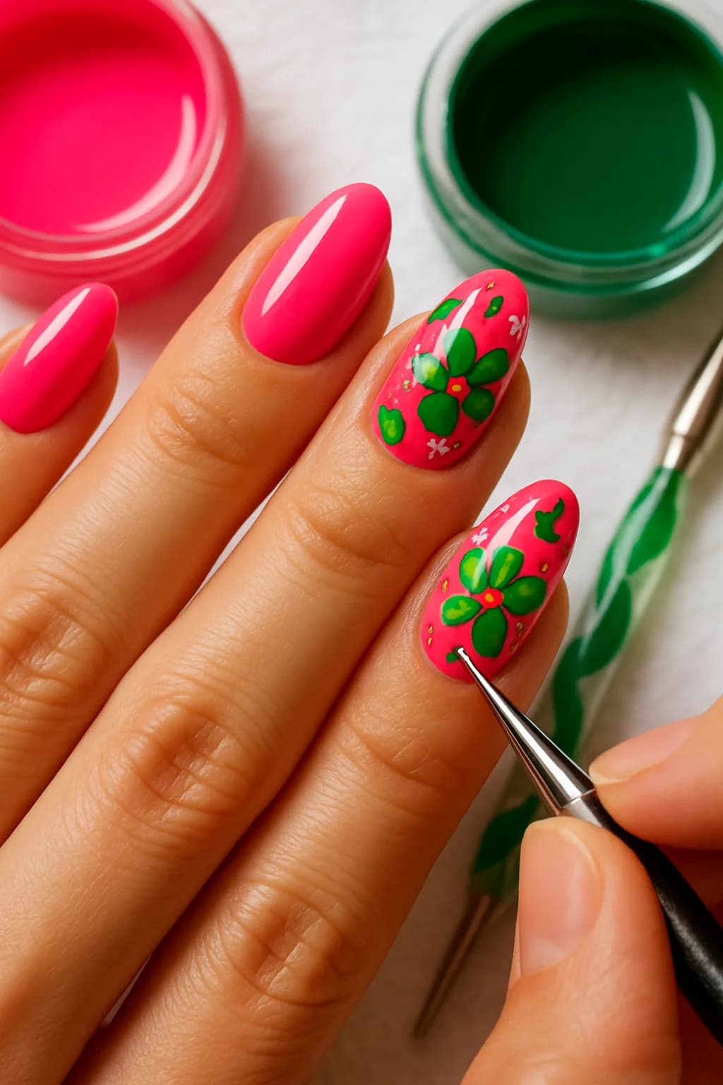 Close-up of an artistic manicure featuring glossy oval nails with pink and white floral patterns on a nude background.