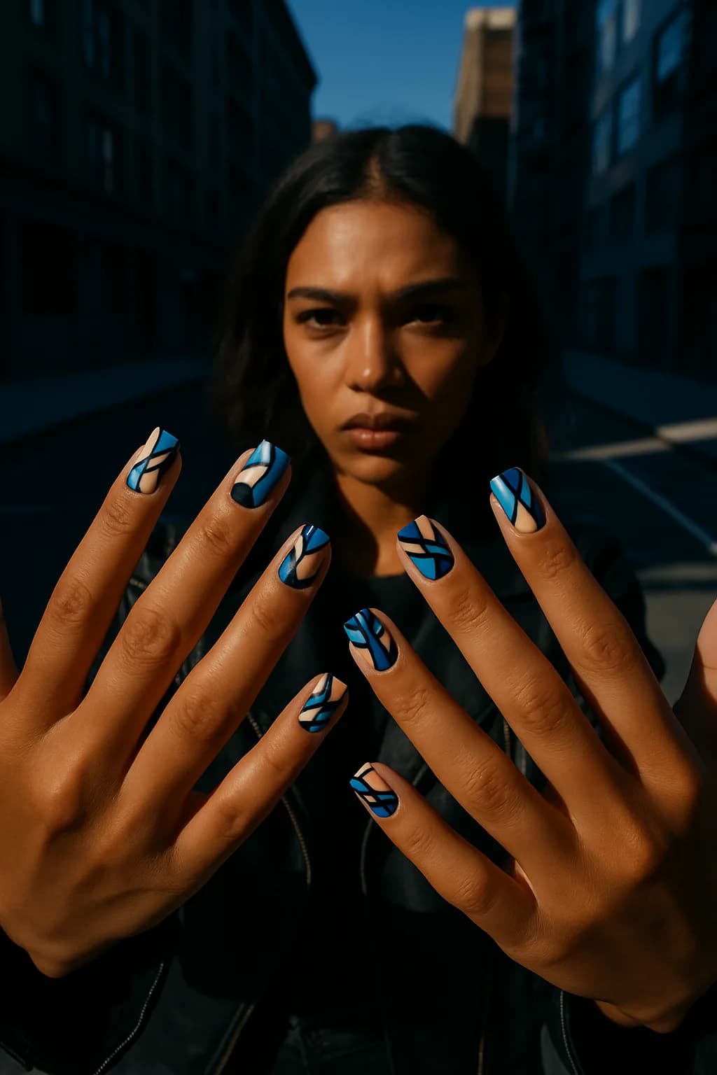 Square nails with a matte finish in an abstract design, featuring charcoal, teal, and neon pink colors, displayed against a neutral background.