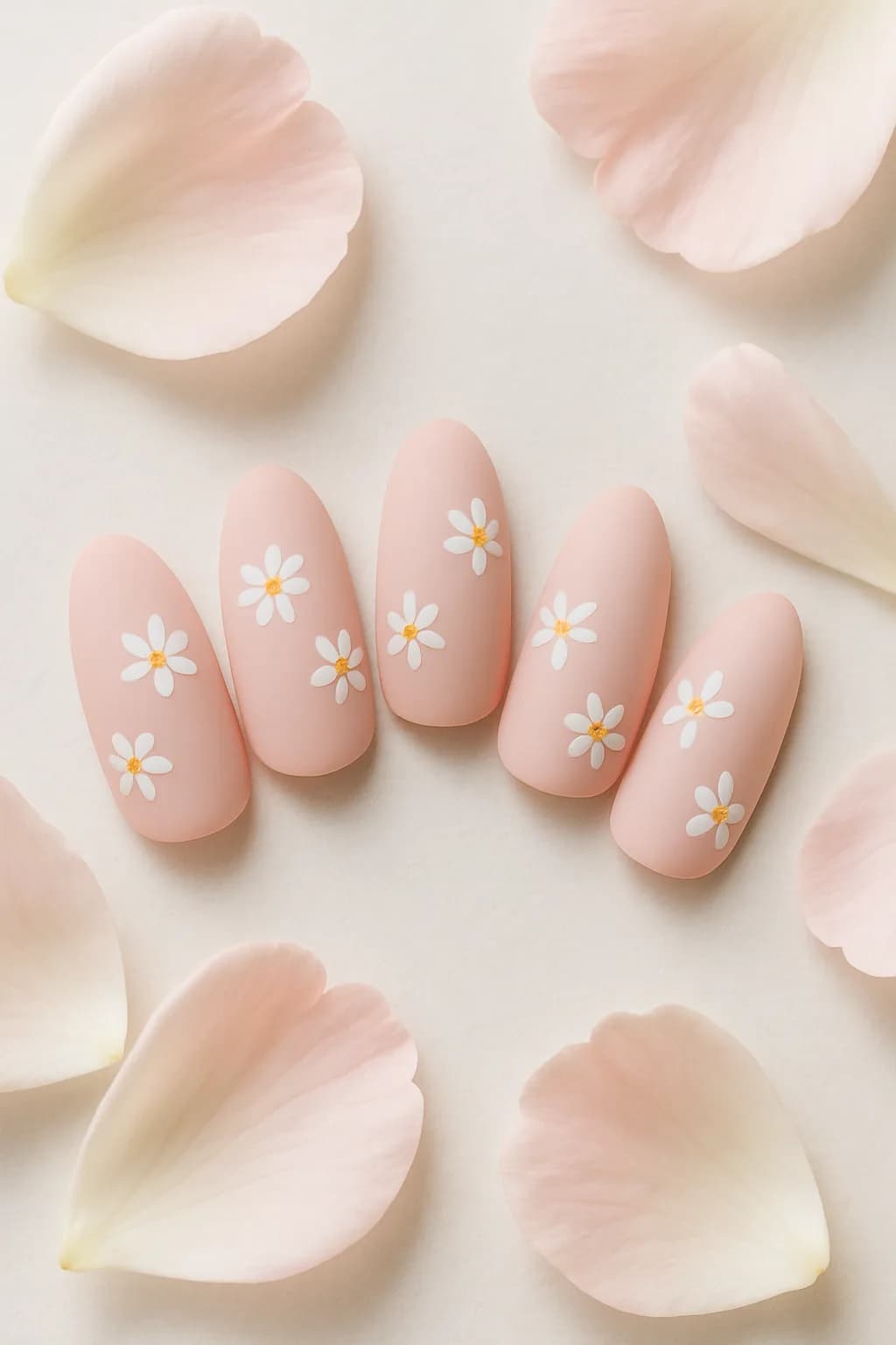 A close-up of almond-shaped nails with a matte finish, decorated with pastel floral designs in pink, lavender, and cream.