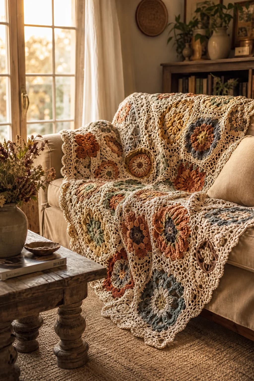 A handmade crochet blanket draped over a sofa in a cozy living room filled with warm light.