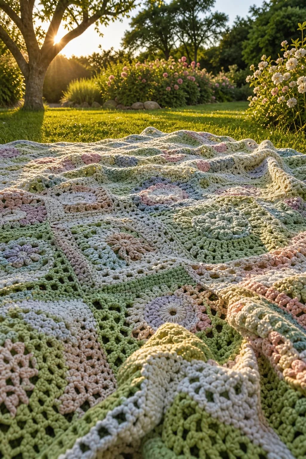 A colorful handmade crochet blanket laid out on grass in a sunny garden setting.