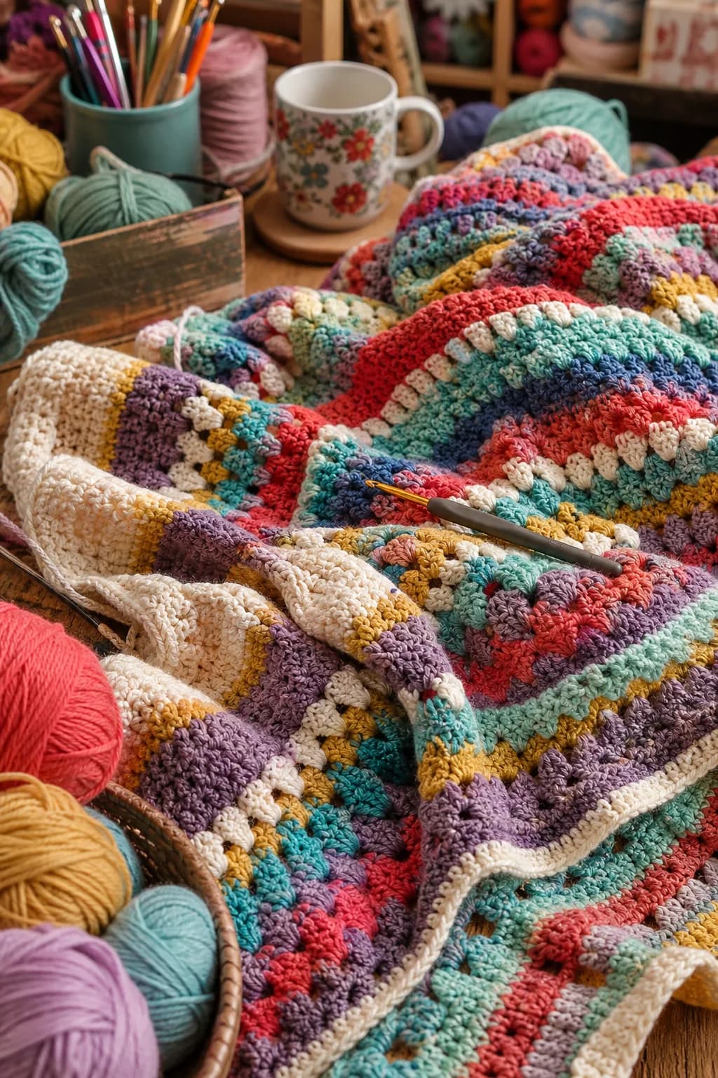 Close-up view of a colorful crochet blanket being made, with yarn and tools in a craft studio.