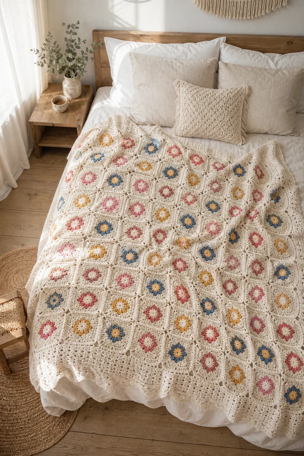 A colorful crochet blanket elegantly laid over a bed in a sunlit room