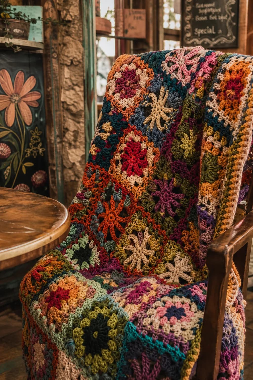 A close-up of a colorful crochet blanket draped over a rustic chair in a stylish cafe setting.