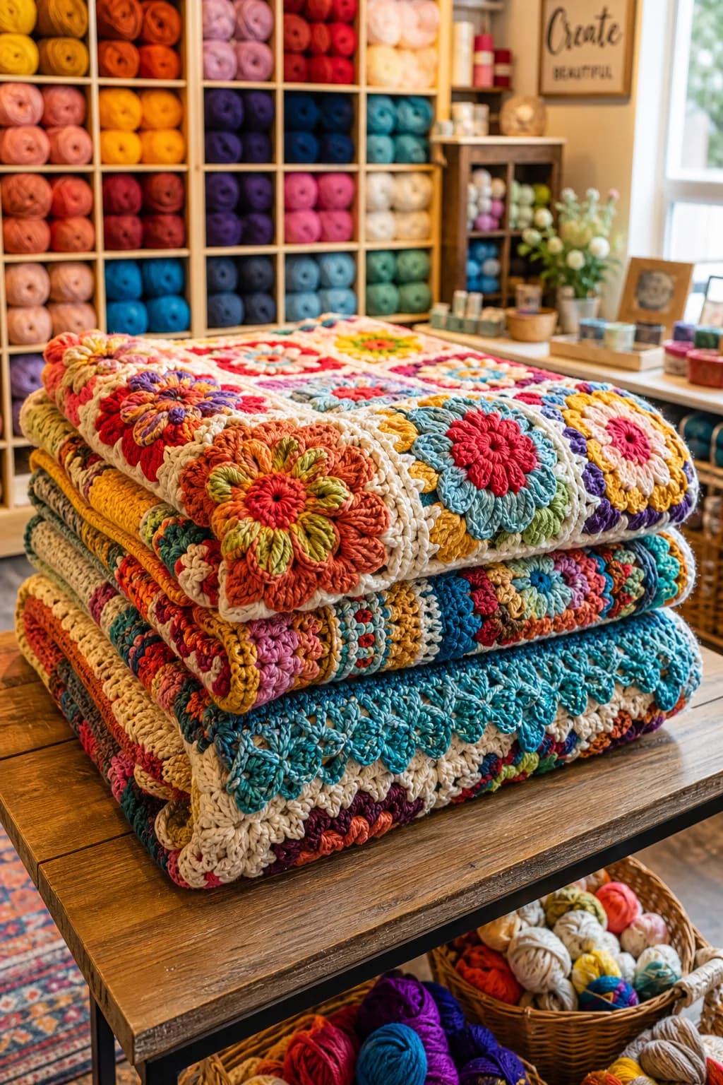 A close-up of colorful handmade crochet blankets neatly folded on a table in a yarn store, showcasing their intricate textures.