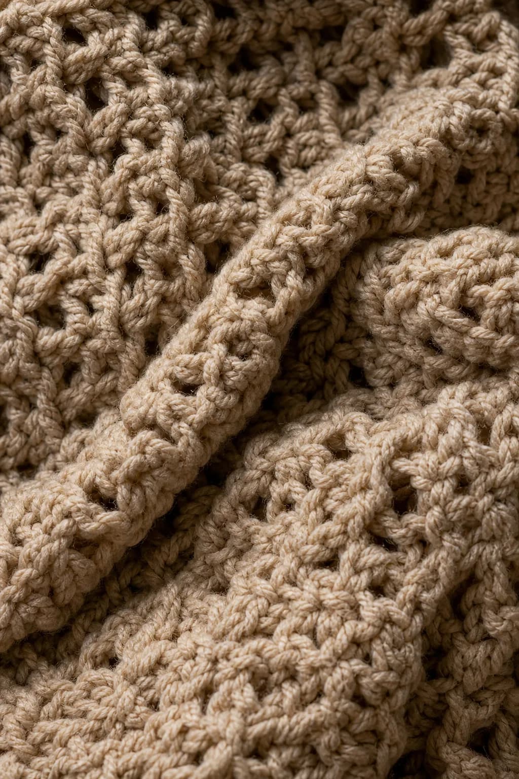 Close-up view of a handmade crochet blanket showcasing intricate stitches and textures.
