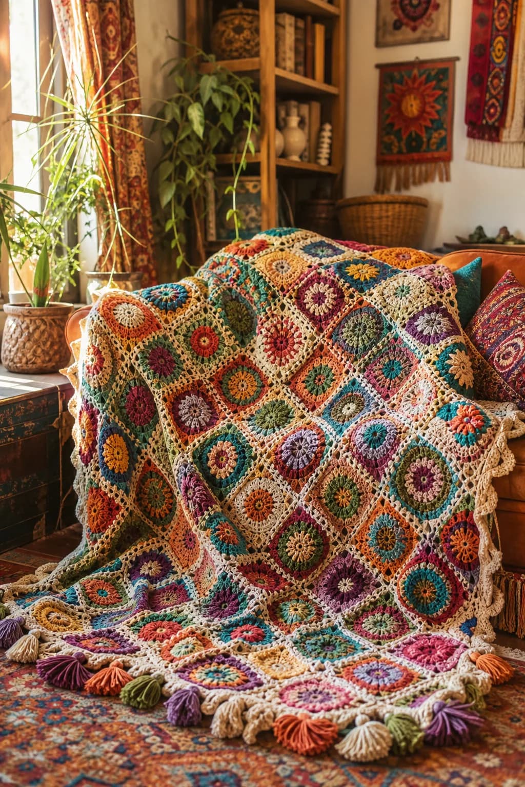 A vibrant handmade crochet blanket draped in a bohemian-themed corner, illuminated by warm evening light.