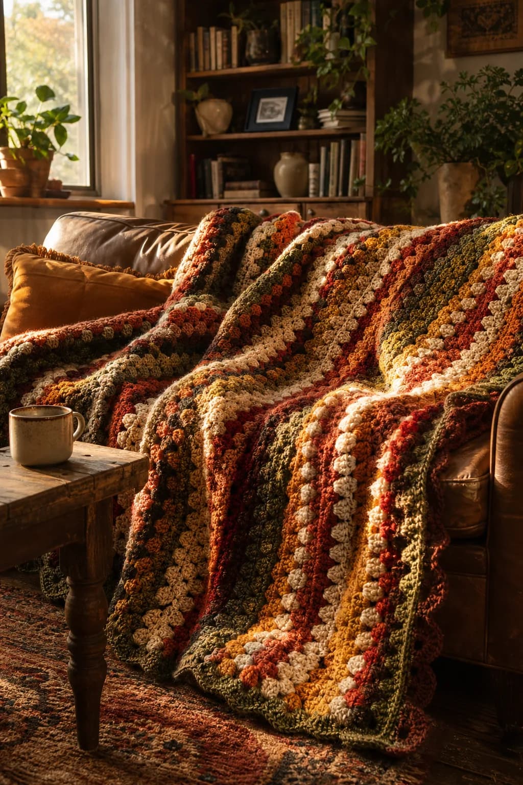 A crochet blanket with bold textures displayed on a sofa in a cozy living room.