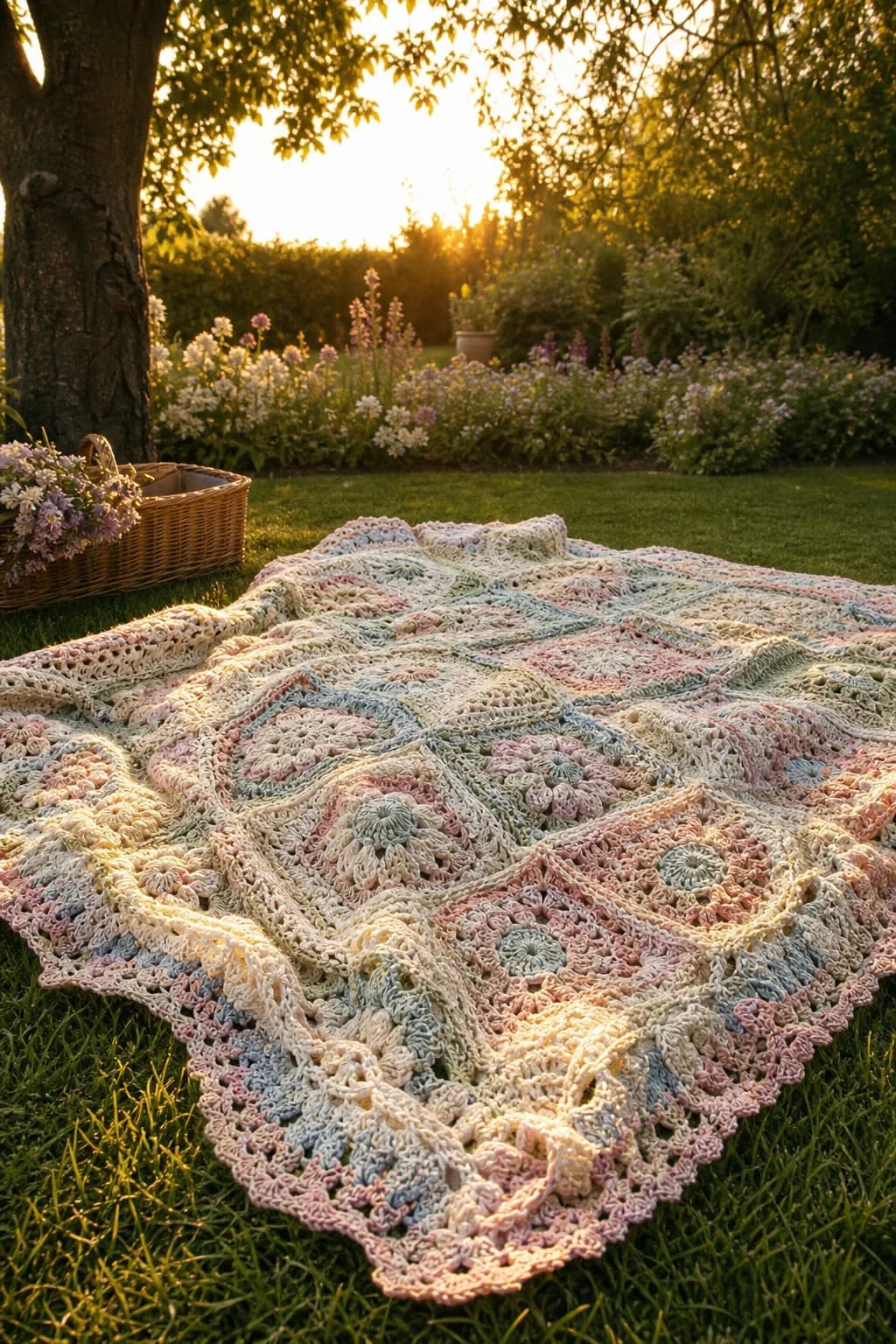 A handmade crochet blanket laid on green grass in a garden, illuminated by warm evening light.