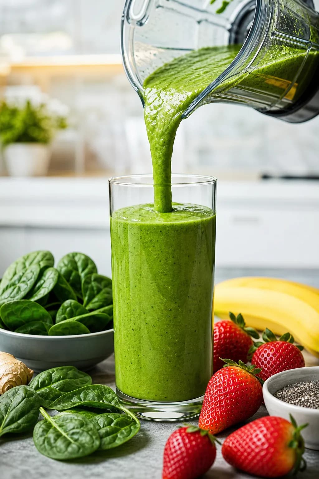 A colorful smoothie being poured into a glass with bright greens and reds, set in a modern kitchen.