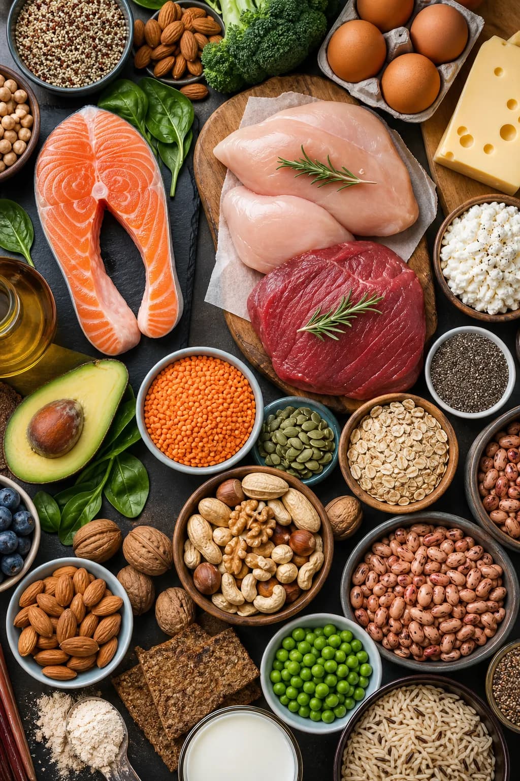 A flat lay arrangement of colorful gym nutrition meals and snacks on a studio surface, showcasing healthy ingredients.