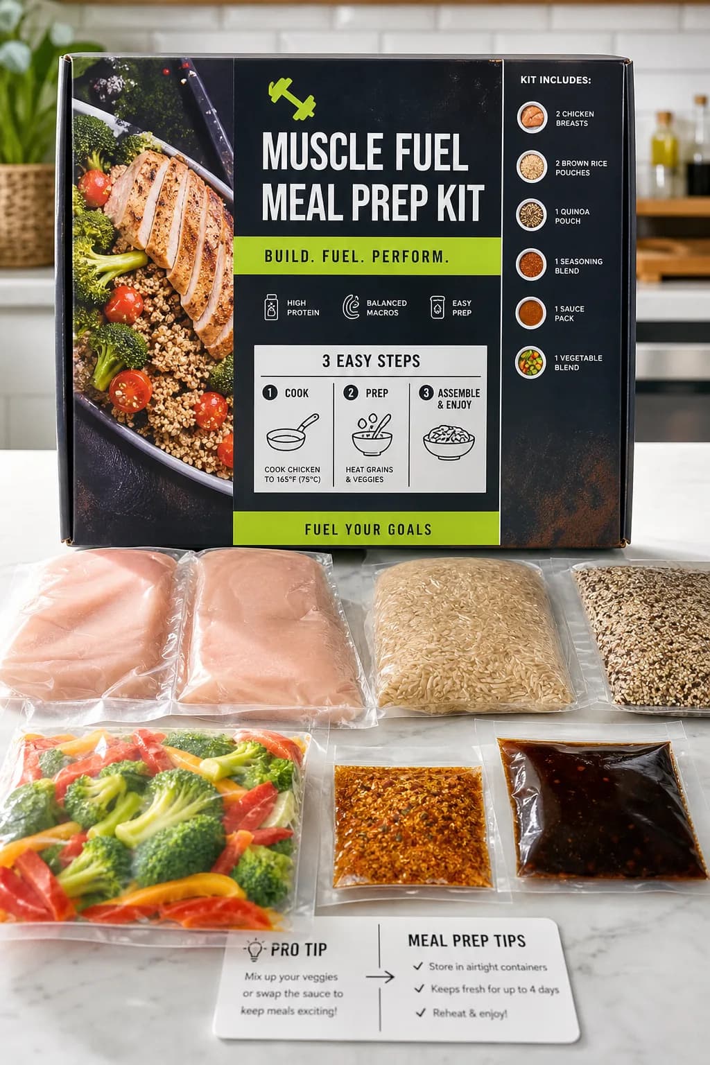 A colorful gym nutrition DIY kit with fresh ingredients and clear instructions on a kitchen counter, promoting healthy meal preparation.