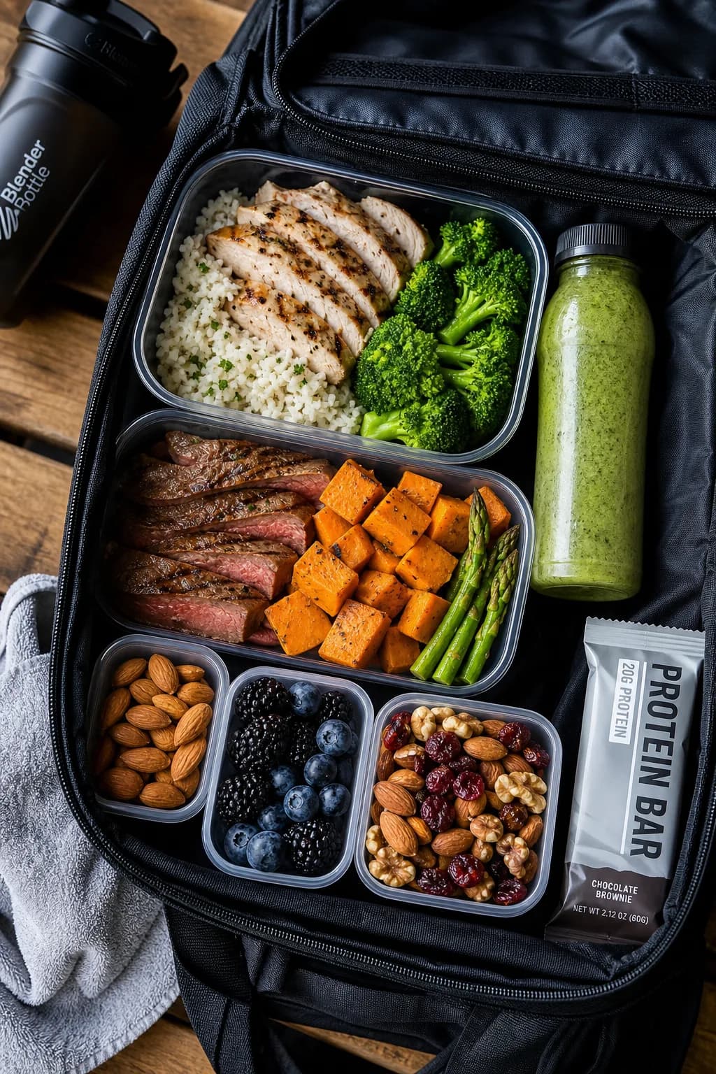 An overhead view of a gym bag filled with prepared meals and snacks on a gym locker room bench.
