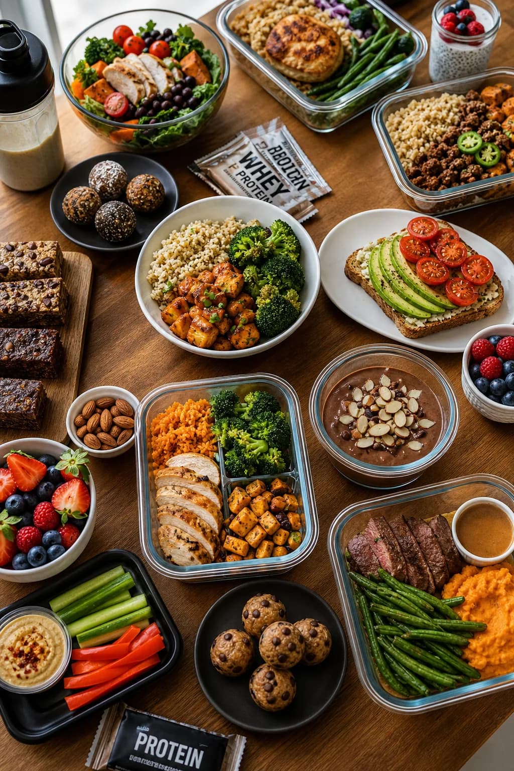 An overhead view of a bright kitchen table filled with diverse nutritious meals and snacks for gym enthusiasts.