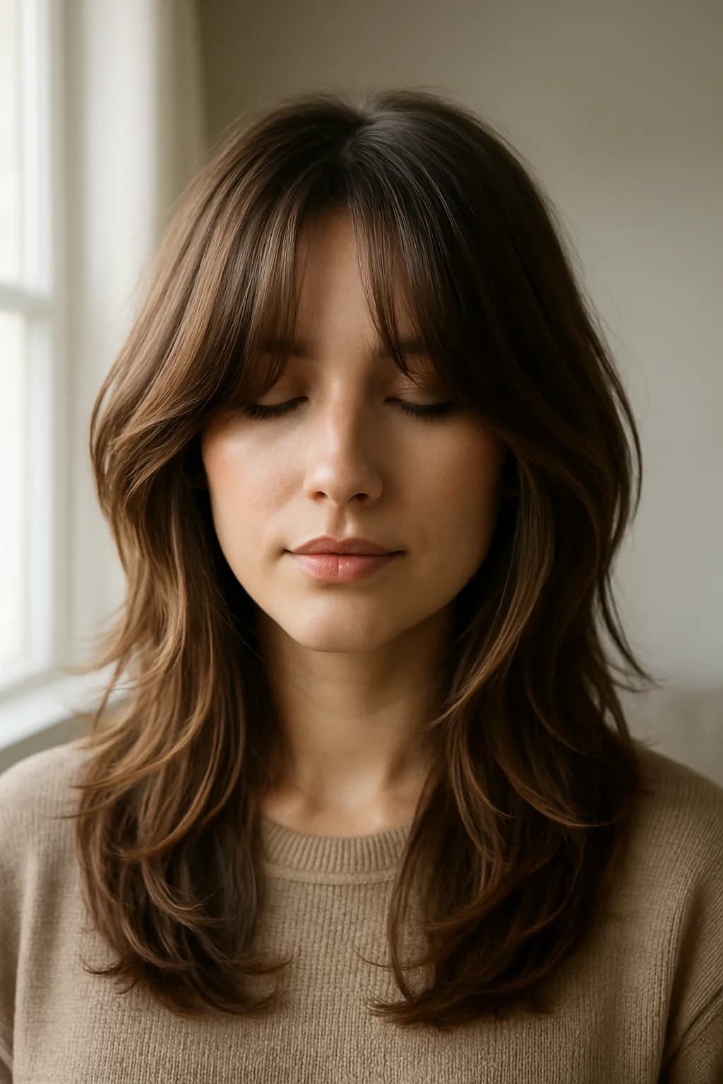 A close-up of a model with curtain bangs and layered hair styled in soft waves, showcasing light brown highlights and a natural shine.