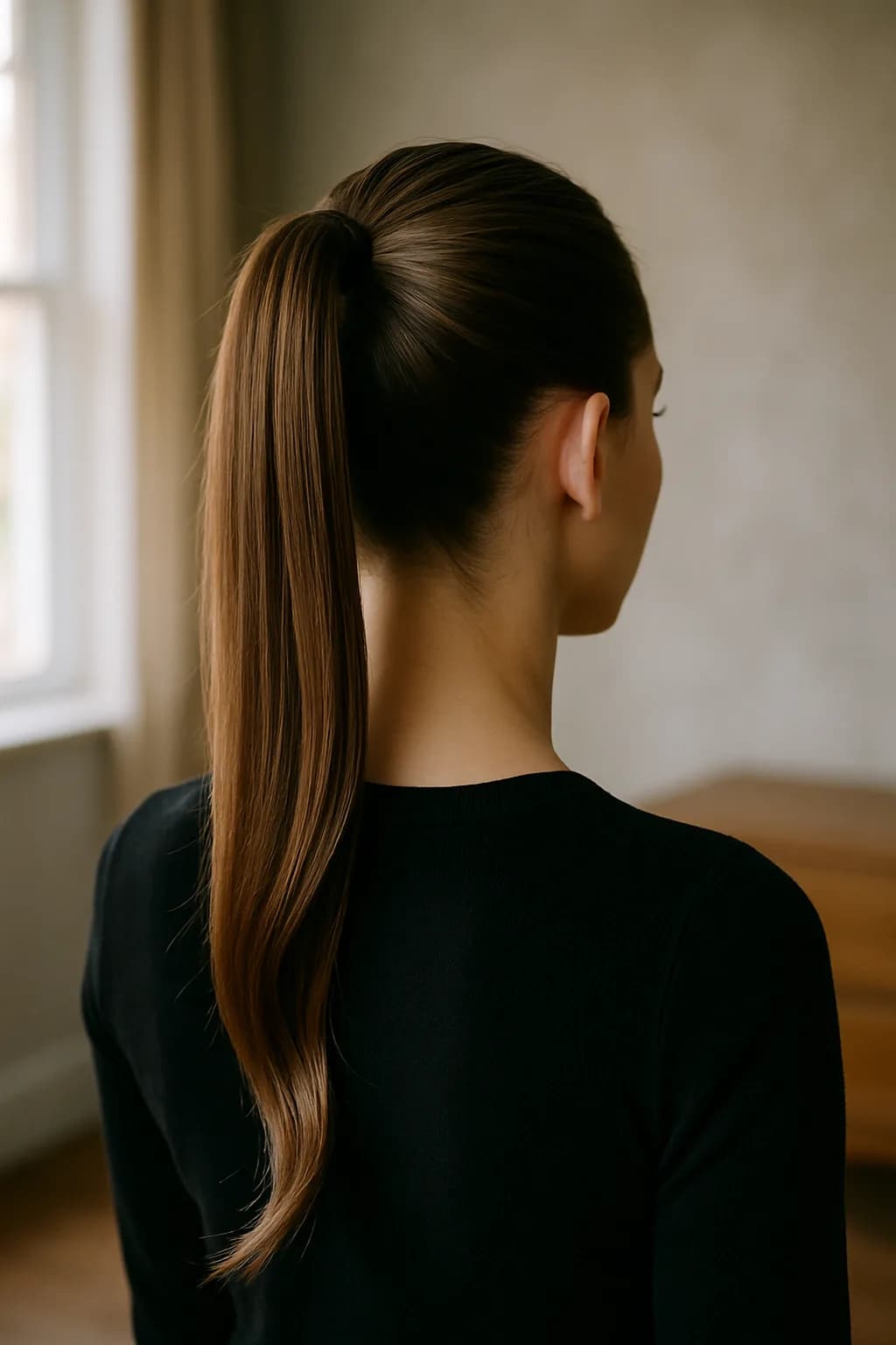 A model with a sleek, high ponytail stands against a neutral backdrop, showcasing shiny, smooth hair and a polished appearance.