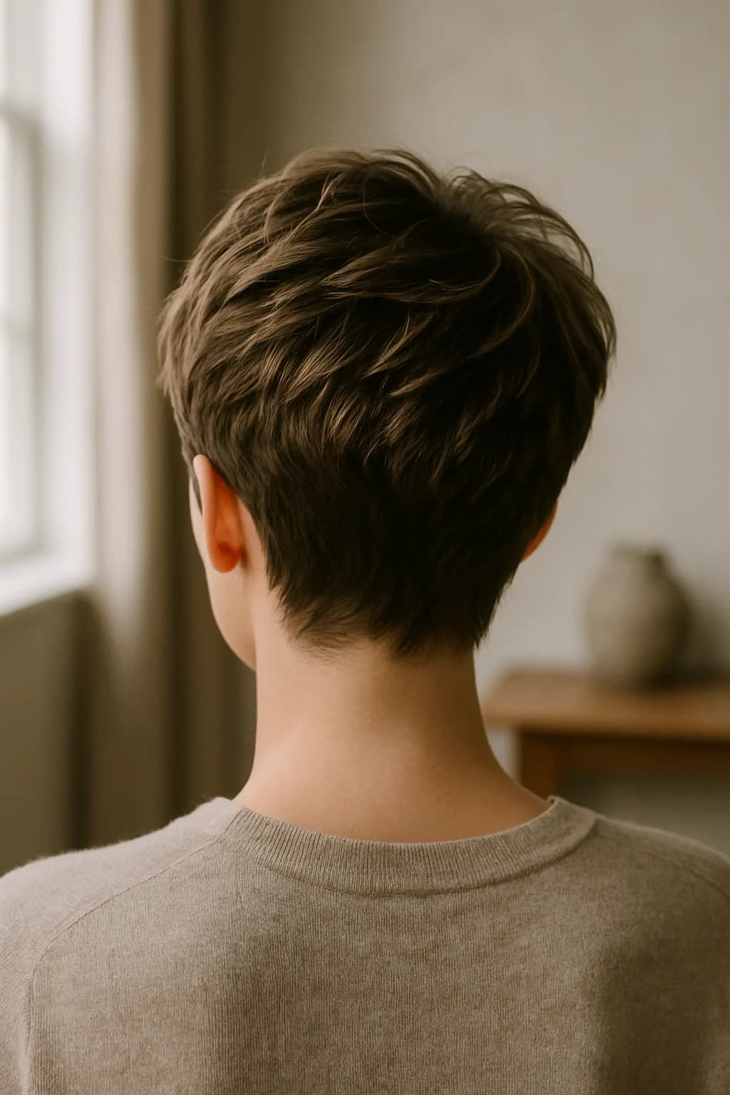 A close-up of a woman with a textured pixie cut in golden blonde, showcasing soft layers and highlights that enhance the hairstyle's depth.
