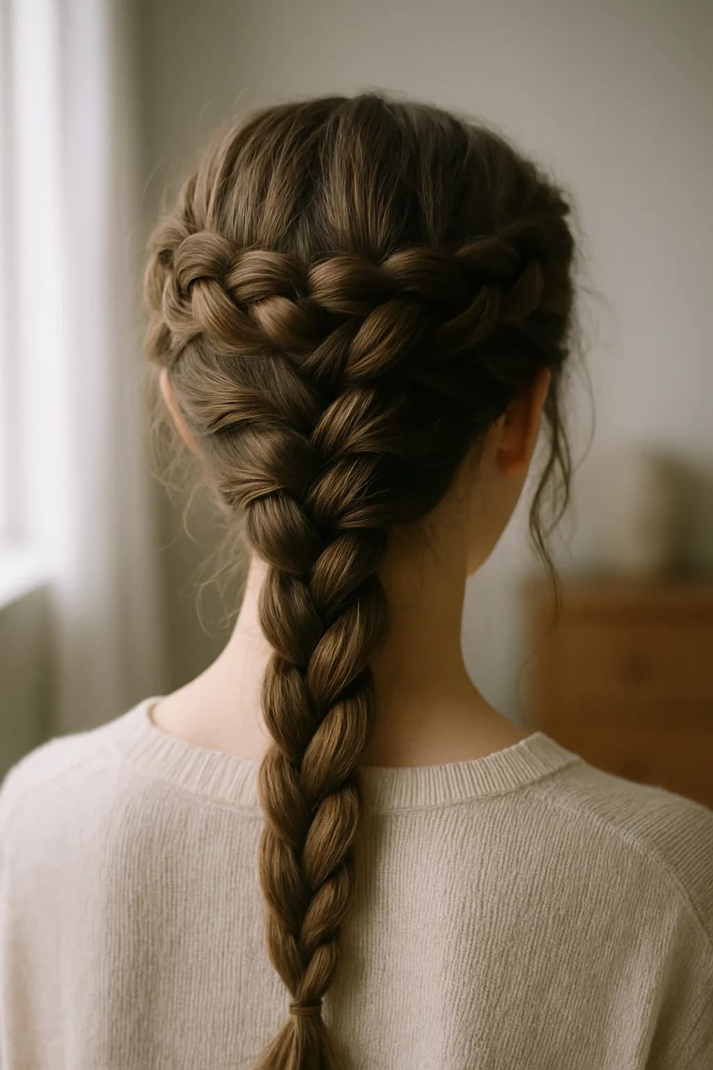 A close-up of a loose braided crown hairstyle with soft tendrils framing the face, illuminated by soft golden light.