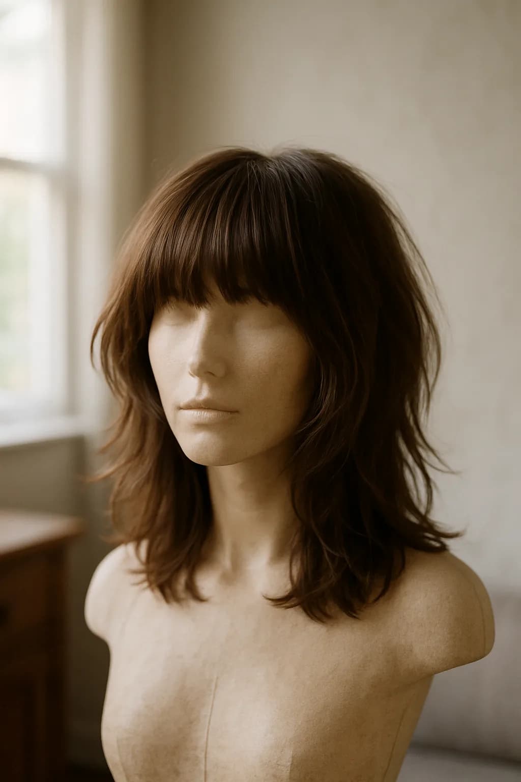 A shoulder-length shag haircut with soft waves and a blunt fringe in a rich chestnut brown with highlights, styled to show texture and movement.