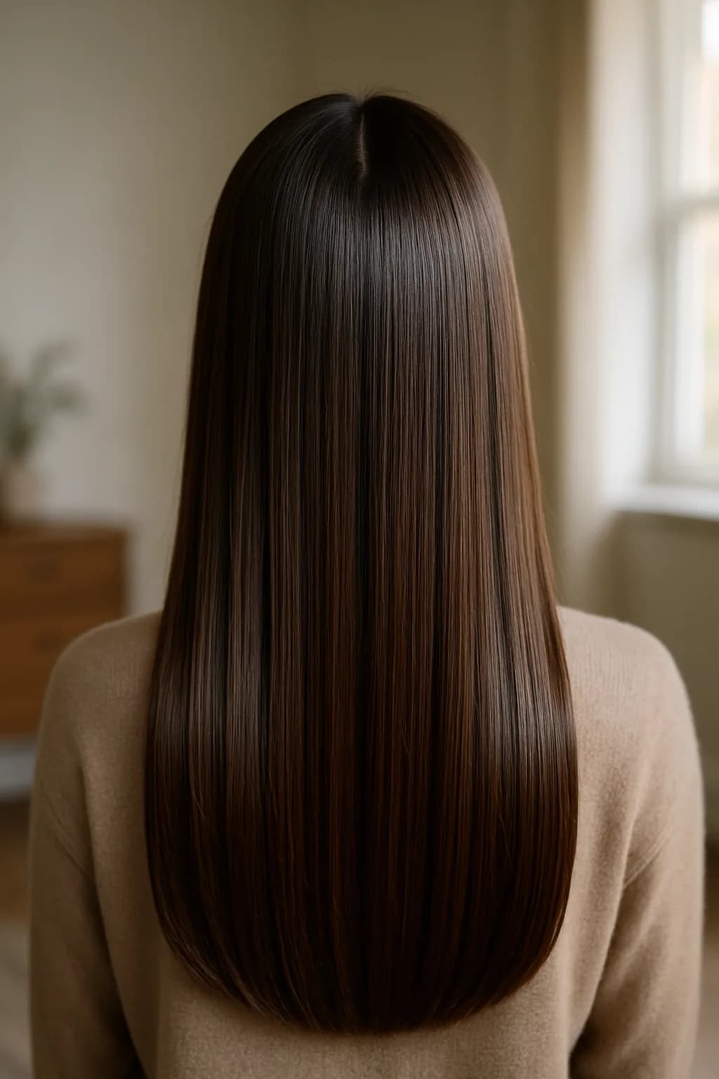 A close-up of a model's glossy straight hair parted down the center, reflecting light.